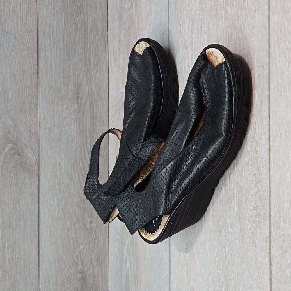 Fly London Black Perforated Peep-Toe Wedge Sandals - Picture 2 of 16